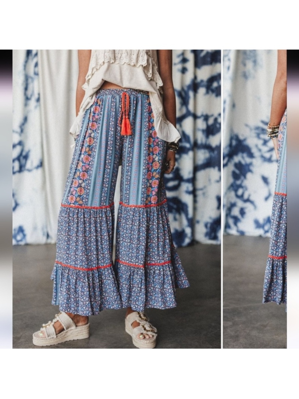easel Blue Floral Patchwork Wide leg boho pants  with Orange Trim NWOT - Picture 6 of 15